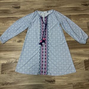 Cabana Life Blue Patterned Tunic Dress with Pom Pom Tassels Size Small